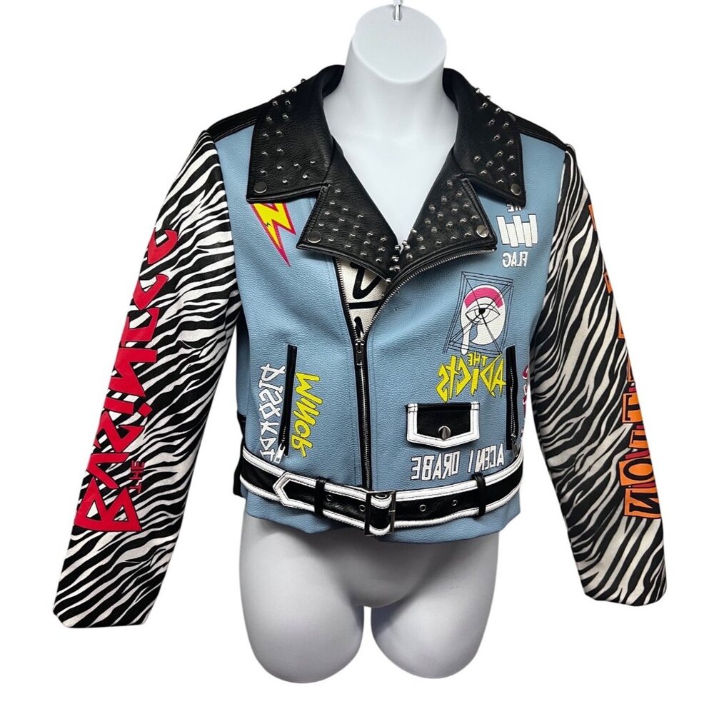 Azalea Wang Band of Misfits Designer Faux Leather Graphic Moto Zip Up Jacket New